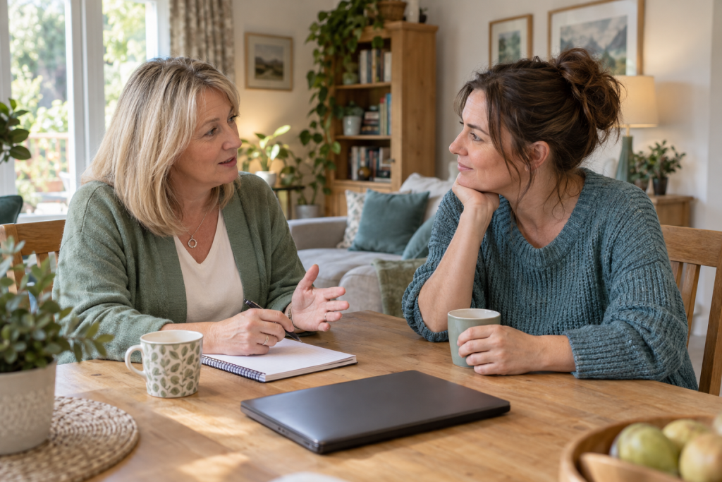 Illustration of an adviser discussing paperwork with an adult at a home table