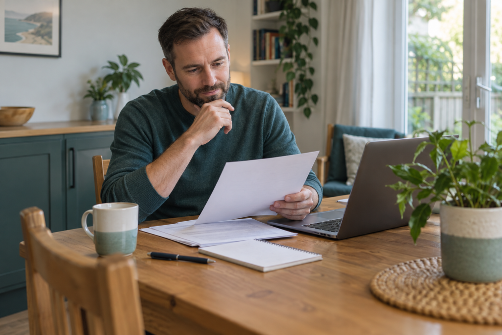 Illustration of an adult reviewing paperwork at home beside a laptop
